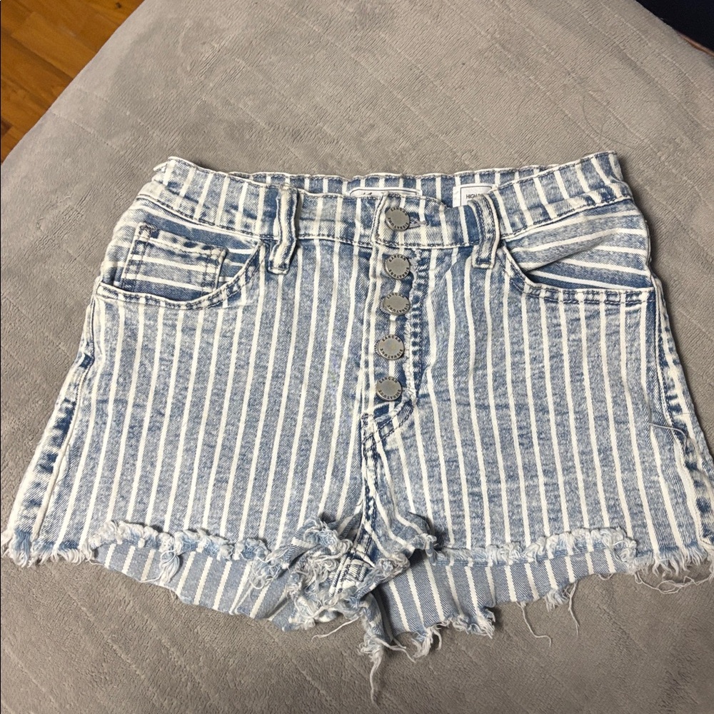 KanCan Women's Blue and White Striped Jean Shorts